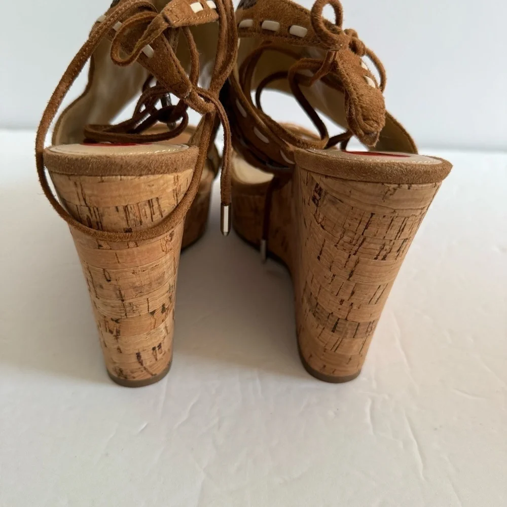 Boho Brown Tan Wedge Cork Platform Heel Sandals Ankle Strap Women Size 6